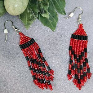 Red & Black Fringe Earrings, Handmade of Seed & Bugle Beads - 3" long